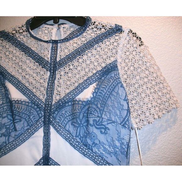 Self Portrait Lace Panel Pleated Blue Mini Dress 4 - Picture 3 of 8